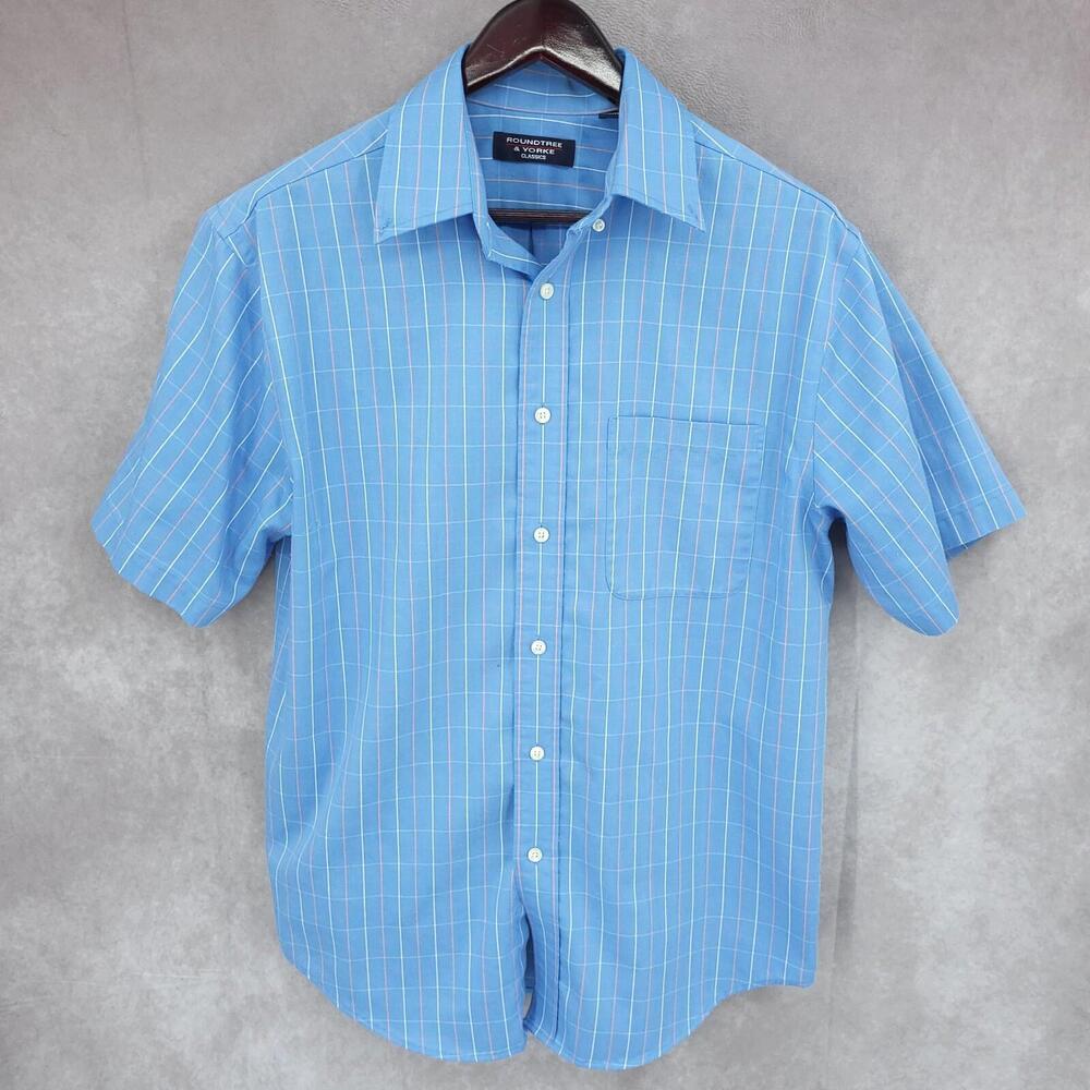 Roundtree & Yorke Shirt Mens Medium Blue Striped Classic Button Up Casual